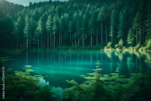 A tranquil lake with gradient colors of blue and green  surrounded by a dense forest.