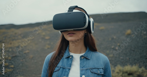 Woman wearing virtual reality glasses outdoor, Smartphone with VR headset, future technology