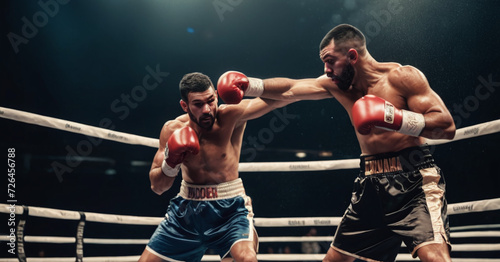 Strong man boxers in dynamic action in boxing ring  © DemiourgosAI