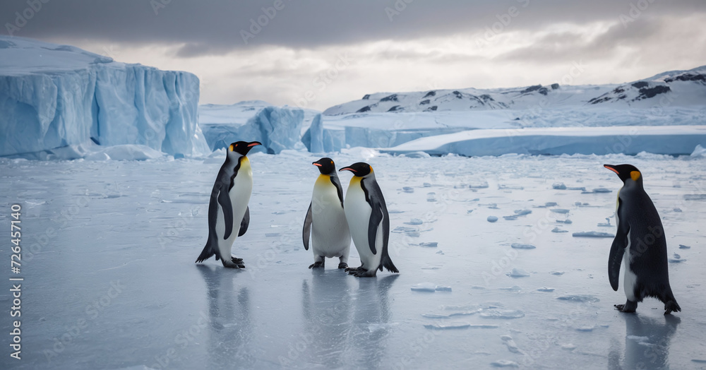 Obraz premium Penguins on ice Antarctica, landscape of snow 