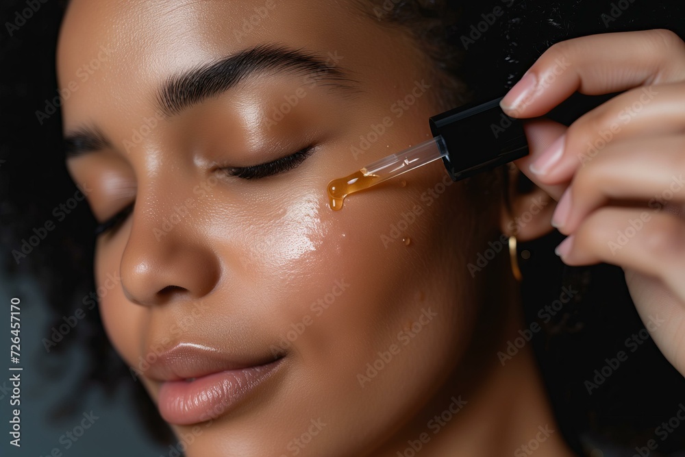black woman face pouring one drop of face serum with pipette dropper black woman face pouring one drop of face serum with pipette dropper