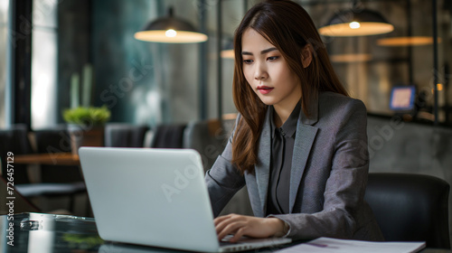 Mulher japonesa usando seu notebook na empresa 