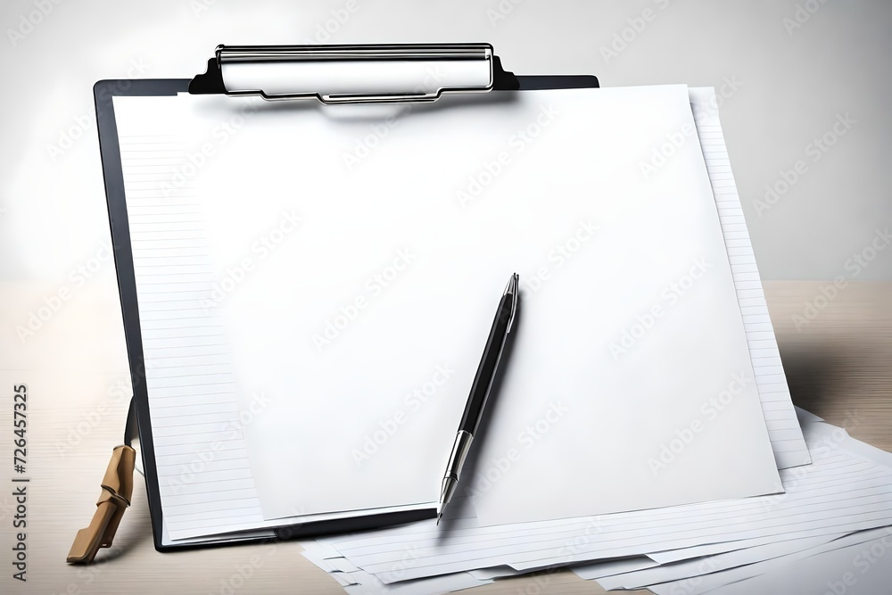 A stack of blank white papers neatly arranged on a clipboard. A stack of blank white papers neatly arranged on a clipboard.