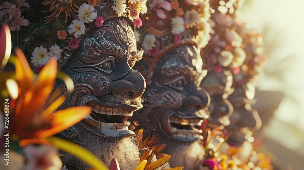 A close-up view of a group of statues adorned with colorful flowers. This image can be used to add an artistic touch to various projects