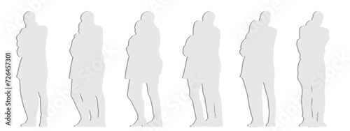 Vector conceptual gray paper cut silhouette of a couple hugging each other from different perspectives isolated on white background. A metaphor for love, happiness, relationship, family and lifestyle