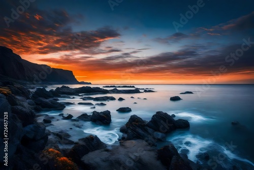A coastal view with a gradient sky transitioning from orange to deep blue at twilight. © WOW