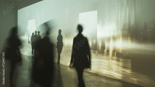 silhouettes of people walking in the building