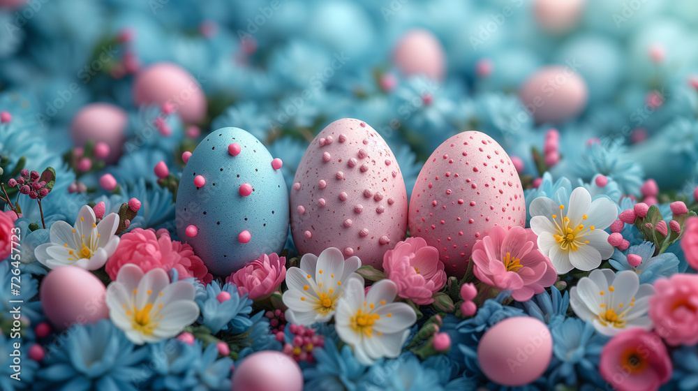 some pink and blue easter eggs on a bed of pink and blue flowers some pink and blue easter eggs on a bed of pink and blue flowers