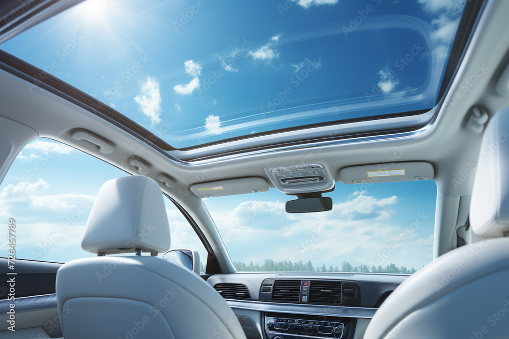 White leather seats in a modern car interior with blue sky and clouds White leather seats in a modern car interior with blue sky and clouds