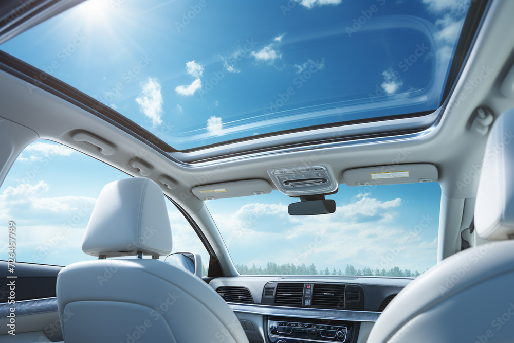 White leather seats in a modern car interior with blue sky and clouds