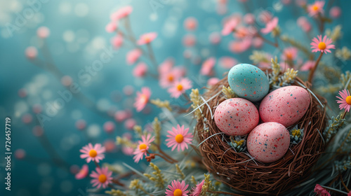 four speckled eggs in a nest surrounded by tiny pink daisies