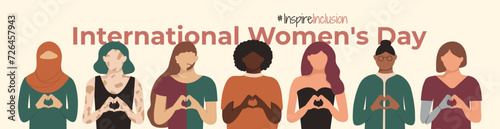 Inspire Inclusion 2024 International Women's Day banner. Diversity Girls with prosthesis and vitiligo, she he they identify IWD. Multiracial crowd of disabled, different figure, age InspareInclusion