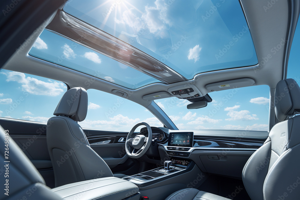 White leather seats in a modern car interior with blue sky and clouds