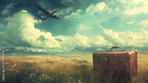 old suitcase on a field a plane flying by in the sky