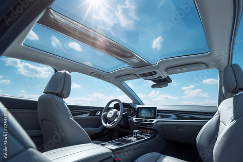 White leather seats in a modern car interior with blue sky and clouds © Creative
