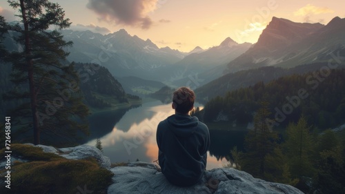 person sitting on the top of the mountain looking at lake