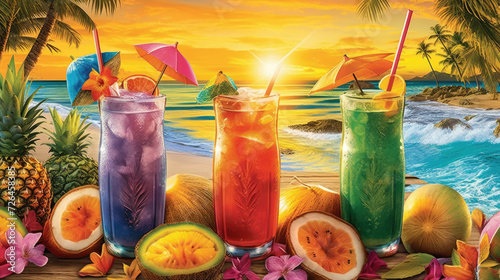 Three Refreshing Drinks Garnished with Tropical Fruits on the Beach - Generative AI