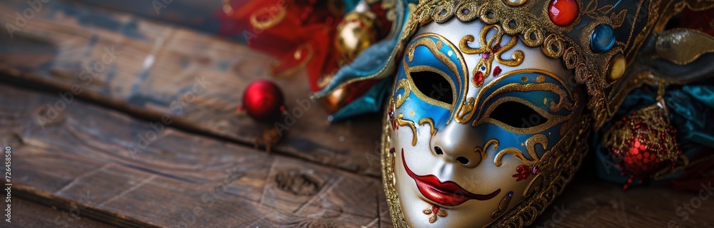 Venetian mask on old wooden table