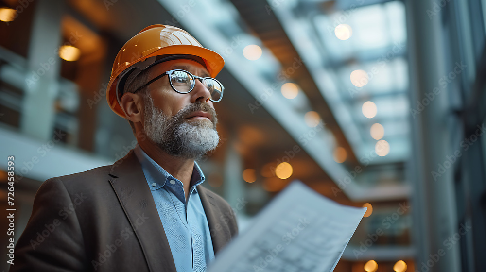 Mature architect wearing hardhat inspecting new building, looking at the construction plan. Good details. Mature architect wearing hardhat inspecting new building, looking at the construction plan. Good details.