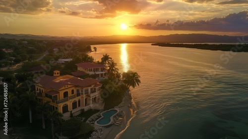 drone aerial photo of a sunset on lake