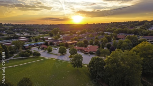 drone aerial photo of a sunset in city