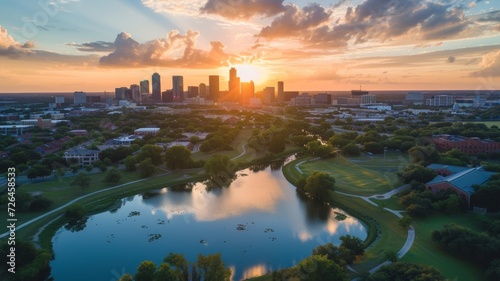 drone aerial photo of a sunset in city