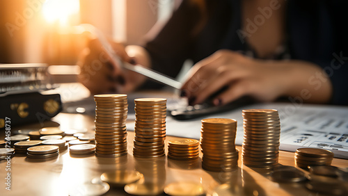 Business woman using calculator, coins on table and workspace background, business, tax, accounting, analytical research concept.