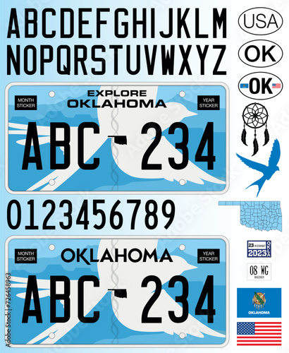 Oklahoma car license plate blue style, letters, numbers and symbols, vector illustration, USA