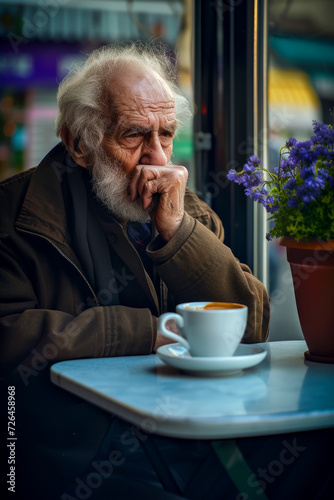 Sad old man with a cup of coffee at a table in coffee, cloudy spring day, loneliness and separation, depression and lonely old people, vertical poster