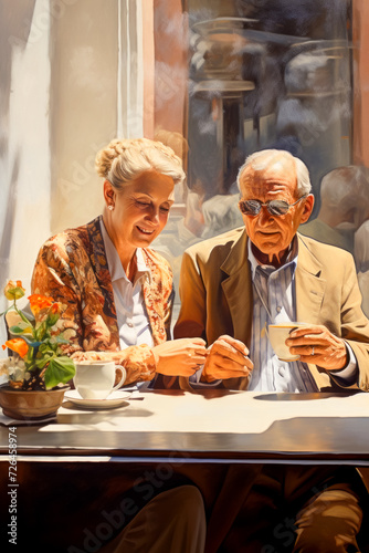 Bright sunny Sunday day in a street cafe in the old town  an elderly couple enjoys the morning in their favorite cafe  Valentine s Day poster