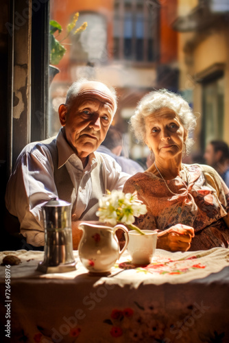 Portrait of an elderly beautiful married couple on a warm sunny Sunday day in a cafe in the old town  enjoying communication in their favorite cafe  Valentine s Day poster