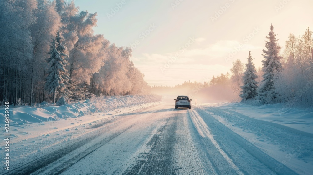 A car is driving down a snowy road. This image can be used to depict winter driving conditions A car is driving down a snowy road. This image can be used to depict winter driving conditions