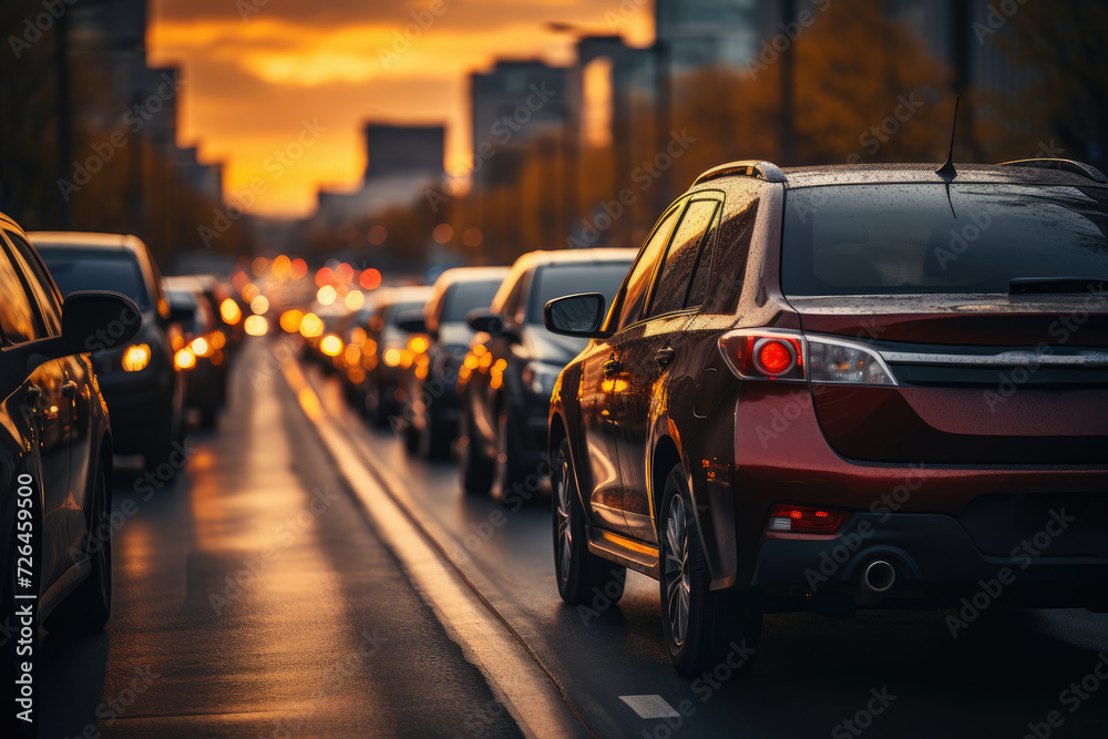 Traffic jam during rush hour at sunset.