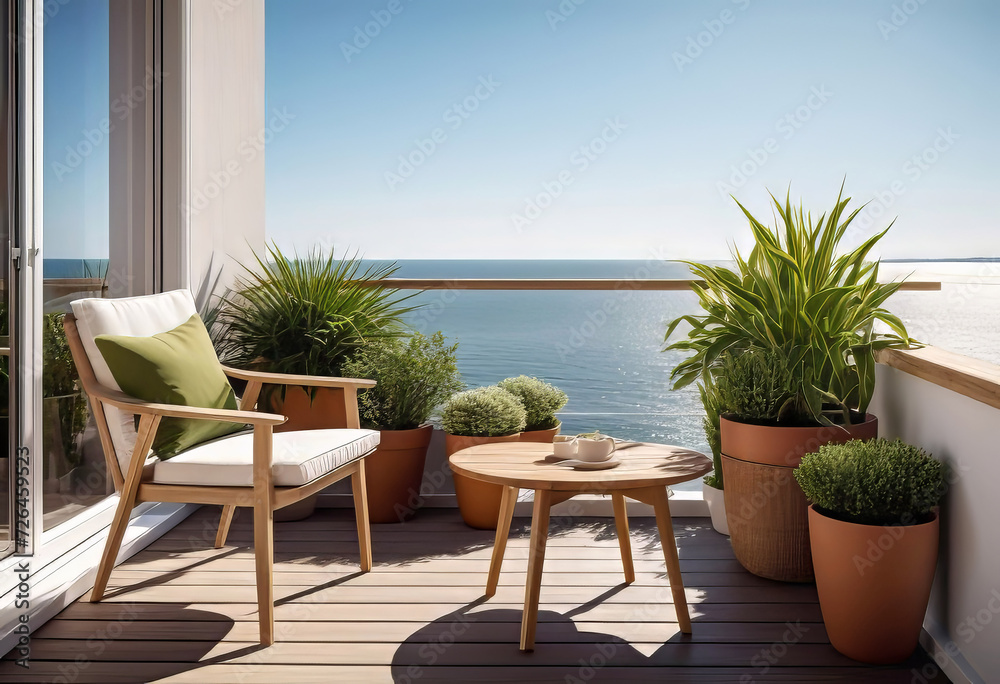 Obraz premium Beautiful cozy design of balcony or terrace with wooden floor, chair and green plants in pots. Cozy relaxation area at home. Sunny stylish terrace-balcony in the house,