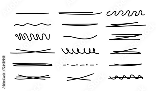 Hand drawn collection of different diary scribble lines and elements. Marker pen underline and strikethrough Editable strokes for Note book. Swift crossed and wavy highlight markers for scribbling pad