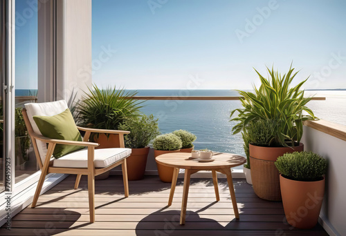 Beautiful cozy design of balcony or terrace with wooden floor, chair and green plants in pots. Cozy relaxation area at home. Sunny stylish terrace-balcony in the house, © Perecciv