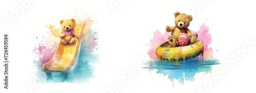 Playful Teddy Bears Enjoying Water Slide and Floating on a Tube, Colorful Artistic Illustration for Children’s Themes