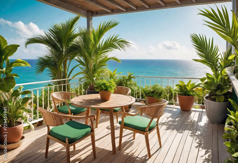 Fototapeta premium Beautiful cozy design of balcony or terrace with wooden floor, chair and green plants in pots. Cozy relaxation area at home. Sunny stylish terrace-balcony in the house,