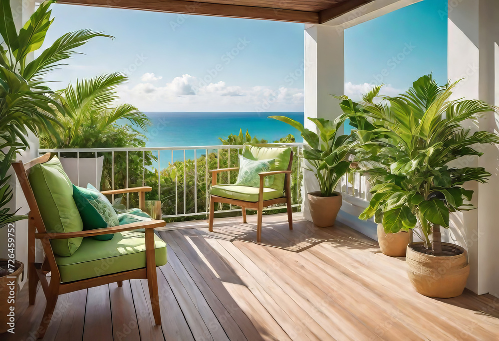 Beautiful cozy design of balcony or terrace with wooden floor, chair and green plants in pots. Cozy relaxation area at home. Sunny stylish terrace-balcony in the house, Beautiful cozy design of balcony or terrace with wooden floor, chair and green plants in pots. Cozy relaxation area at home. Sunny stylish terrace-balcony in the house,