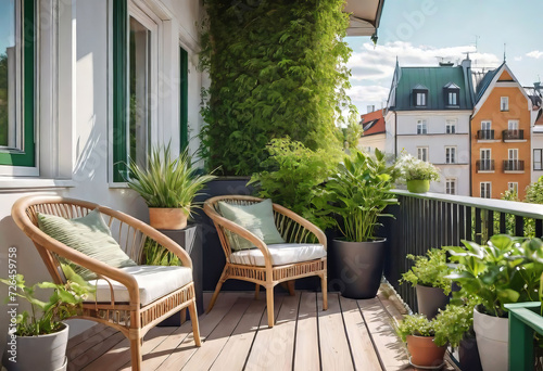Beautiful cozy design of balcony or terrace with wooden floor, chair and green plants in pots. Cozy relaxation area at home. Sunny stylish terrace-balcony in the house,