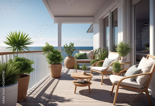 Beautiful cozy design of balcony or terrace with wooden floor  chair and green plants in pots. Cozy relaxation area at home. Sunny stylish terrace-balcony in the house 
