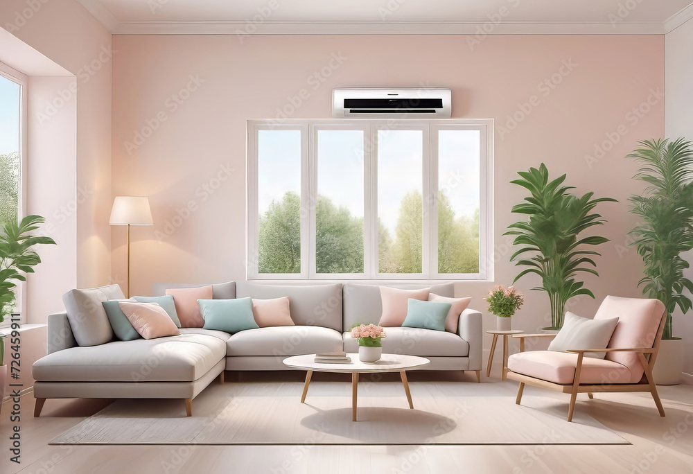 Naklejka premium Home air conditioner installed in a room with a sofa and a view from the window, the concept of a pleasant atmosphere and control the temperature of the house,