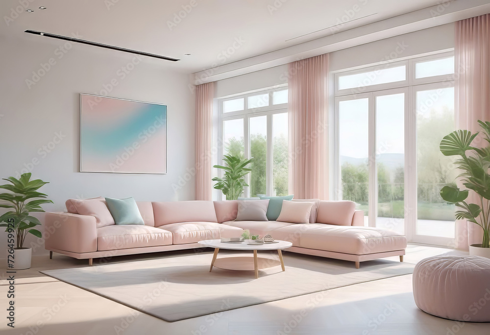 Home air conditioner installed in a room with a sofa and a view from the window, the concept of a pleasant atmosphere and control the temperature of the house,