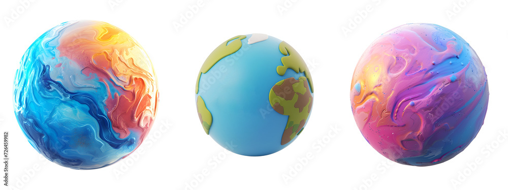 Array of Colorful Planets and the Blue Planet: Straightforward 3D Cartoon Representation for the Young, Isolated on Transparent Background, PNG
