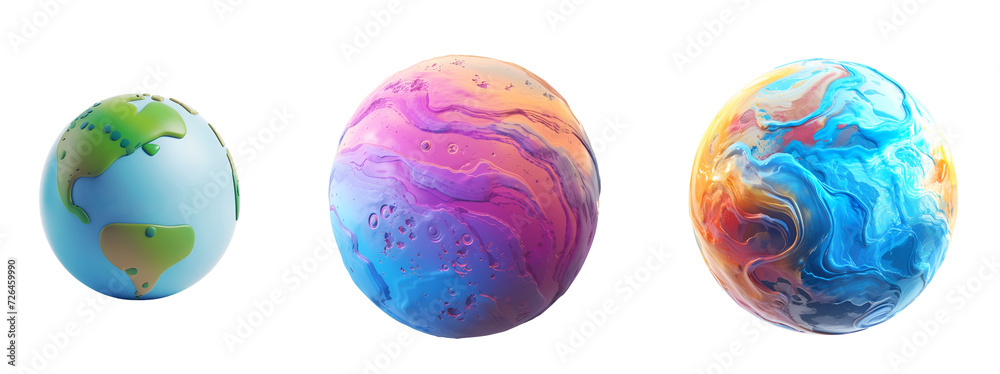Set of Radiant Planets and Earth: Unadorned 3D Cartoon Visualization for Kids, Isolated on Transparent Background, PNG