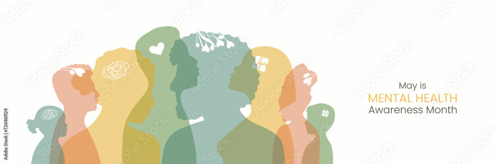 Banner May is Mental Health Awareness month. Horizontal design with Diversity people silhouette in flat style. Reminding about importance of good state of mind. Psychological well-being presentation