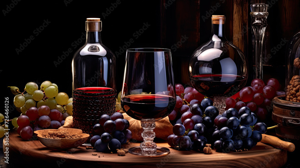 Presentation on a Wooden Table with Red Wine and Fresh Grapes - Generative AI Presentation on a Wooden Table with Red Wine and Fresh Grapes - Generative AI