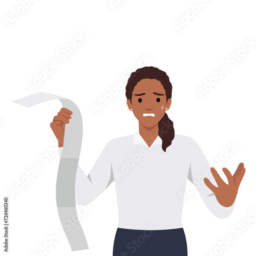 Financial problem concept with woman feeling shocked from her overspending. Flat vector illustration isolated on white background