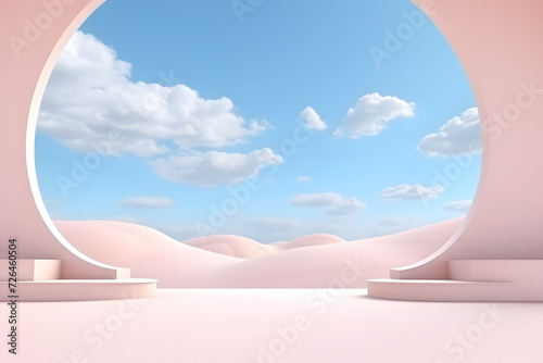 3d Render, Abstract Surreal pastel landscape background with arches and podium for showing product. Minimalist decor design.