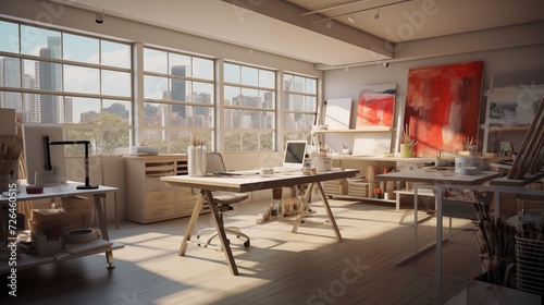 Modern  studio with panoramic windows, stylish accessories, books and plants. Open space and living room. Biege sofa Brown wooden parquet . Idea for home  interior design. Scandinavian loft apartment.